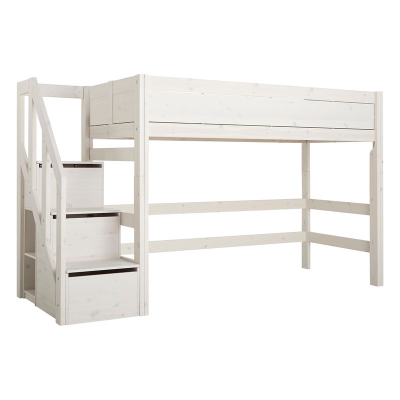 Mittelhohes Bett mit Treppe, whitewash Mittelhohes Bett mit Treppe, whitewash