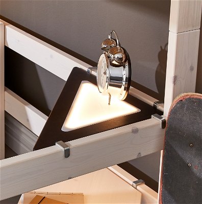 Schwarze dreieckige Eckablage zum Einhängen in Dein Bett, mit cooler LED-Beleuchtugn.