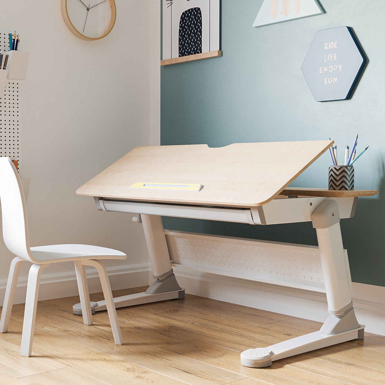 Schreibtisch Luna Natur, mit höhenverstellbarer Birkenholzplatte