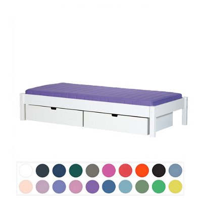 Die Bettliege Ull hat automatisch 2 kleine Bettkasten dabei. Du kannst das Bett in vielen Farben bestellen.