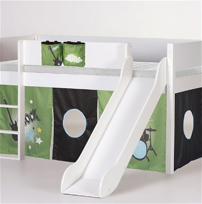Manis-h Spielbett Loke mit Rutsche in weiß, Beispiel mit Spielvorhang Rock (Vorhang, Taschen und Matratze sind extra Zubehör)