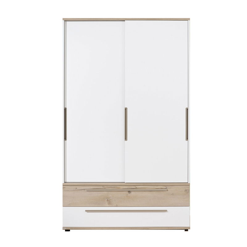 Carlo Schiebetüren-Kleiderschrank, B 123,5 cm, Schubladen in Kreideweiß und Fichte Carlo Schiebetüren-Kleiderschrank, B 123,5 cm, Schubladen in Kreideweiß und Fichte