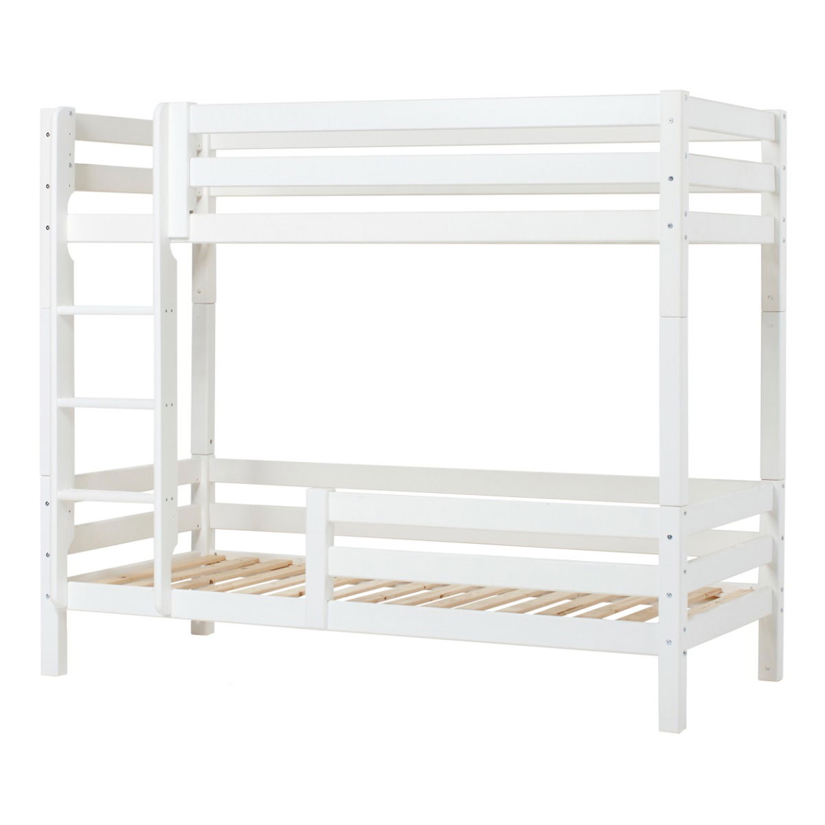 Hoppekids ECO Luxury Hoch-Etagenbett in 90x200cm flexiebler  Rahmenlattenrost mit Rausfallschutz und gerader Leiter - weiß