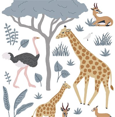 Wandsticker - Giraffe, Gazellen & Flamingos